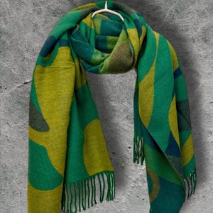Bright Green Double-Sided Winter Scarf with Geometric Pattern,Warm Cozy Shawl,Reversible Wrap for Women,Thoughtful Gift for Her