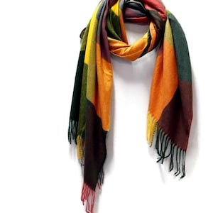 Blocks Pattern Orange Green Cashmere Blend Scarf/Winter Autumn Scarf/Gifts For Mother/Gifts For Her/Scarves Women/Christmas Birthday Gifts image 3