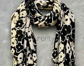 Sketched Poppy Pattern Black White Scarf/Cotton Blend Scarf/Summer Autumn Winter Scarf/Scarf Women/Gifts For Her Birthday Christmas