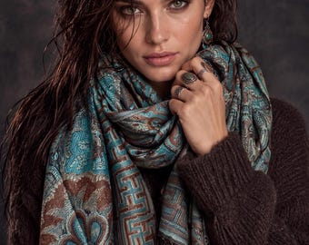 Aqua Brown Damask Autumn Winter Scarf, Cotton Viscose Blend Pashmina Style Wrap with Fringe, Thoughtful Gifts for Her