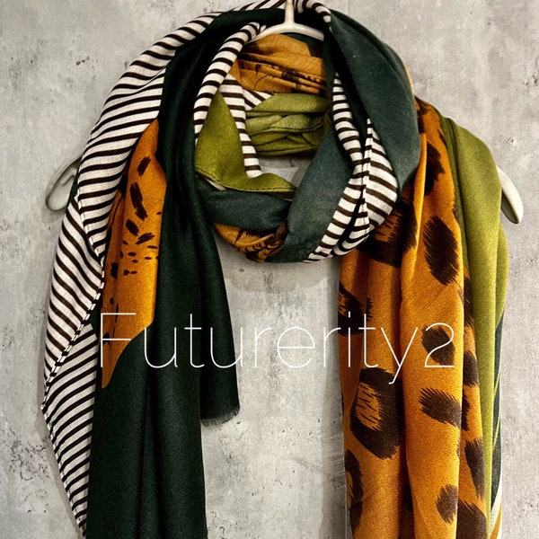 Geometric Leopard Pattern Green Brown Cotton Scarf/Summer Autumn Scarf/Scarf Women/Gifts For Mom/Gifts For Her Birthday Christmas/UK Seller