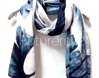 Watercolour Huge Blue Poppy White Cashmere Viscose Blend Scarf/Summer Autumn Scarf/Gifts For Mother/Gifts For Her/Scarf Women/Birthday Gifts