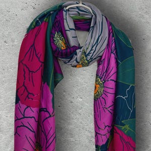 Elegant Green/Purple Peony Cotton Scarf,Lightweight Women Shawl for All Season,Great Gifts for Her,Mom,Birthday or Christmas