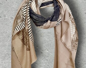 Abstract Beige Brown Autumn Winter Scarf, Blue Geometric Shawl with Striped Details, Neutral  Layering Wrap for Women