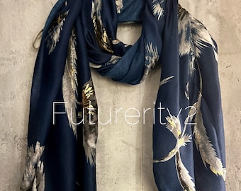 Thistle Flower With Gold Dusk Blue Cotton Scarf/Summer Autumn Winter Scarf/Scarf Women/Gifts For Her Birthday Christmas/Gifts For Mum