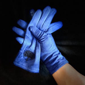 Blue Gloves with Embroidery Mulberry Tree for Women,Winter Gloves,Stretch Suede Gloves,Gifts for Mom,Her,Birthday and Christmas
