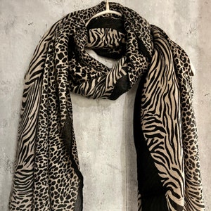 Beige Cotton Scarf with Micro Leopard and Zebra Pattern – A Fashionable and Versatile Gift for Her, Ideal Year-Round