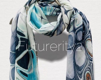 Abstract Liquid Pattern Blue Grey Cashmere Blend Scarf/Summer Autumn Scarf/Gifts for Mom/Gift For Her/Scarves Women/Birthday Gifts/UK Seller