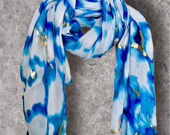 Blue Abstract Print Lightweight Cotton Scarf,Airy Summer Shawl with Gold Detail, Soft Elegant Wrap for Women,Ideal Gifts for Her