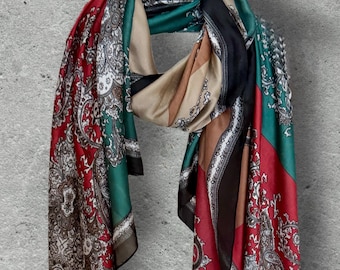 Rust Brown Paisley Silk Scarf, Emerald Green Long Silk Wrap,Coral Designer Shawl,Vintage Print Fashion Scarf,Elegant Womens Gift
