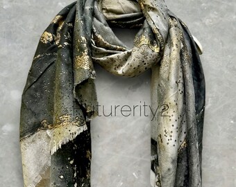 Abstract Pattern With Gold Accents Grey Cotton Scarf/Summer Autumn Winter Scarf/Gifts For Her Birthday Christmas/Gifts For Mom/Scarf Women