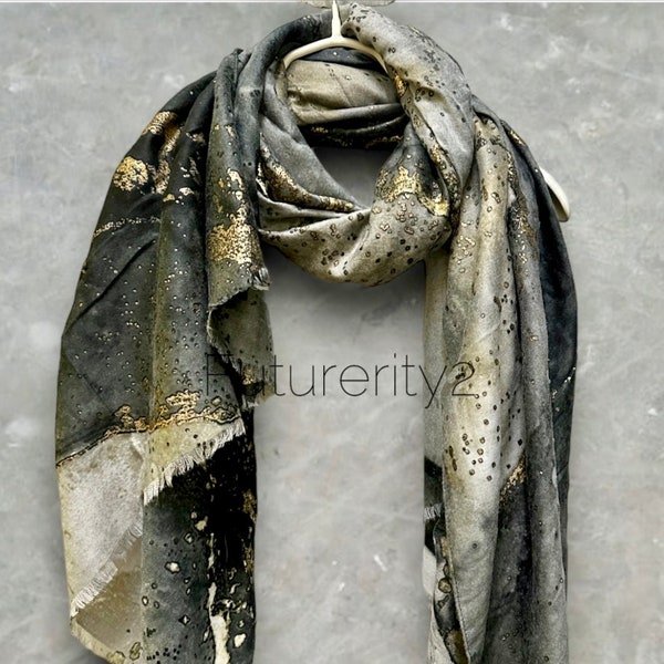 Abstract Pattern With Gold Accents Grey Cotton Scarf/Summer Autumn Winter Scarf/Gifts For Her Birthday Christmas/Gifts For Mom/Scarf Women