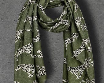 Olive Green Leopard Print Scarf, Lightweight Autumn Wrap, Animal Motif Shawl for Women, Thoughtful Gifts for Her