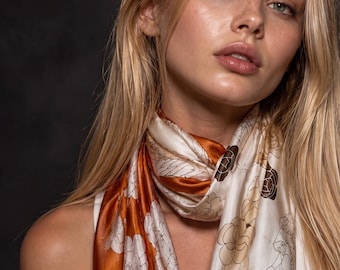 Orange/White Camellia Floral Silk Scarf, Elegant Lightweight Scarf,Vintage Inspired Scarf for Women,Luxury Gift for Her