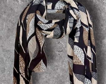 Black Neutral Leaf Pattern Cotton Scarf for Women,Soft Lightweight Fashion Wrap, Chic Everyday Long Shawl,Modern Minimalist Gift