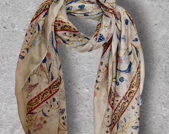 Beige Boho Botanical Floral Cotton Scarf with Tassels,Lightweight Summer Shawl for Women,Elegant Wrap,Gift for Her