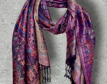 Deep Purple Paisley Autumn Winter Scarf, Burgundy Floral Cotton Viscose Wrap with Fringe for Women, Thoughtful Christmas Gifts for Her