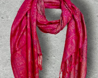 Fuchsia Pink Paisley Autumn Winter Scarf, Coral Floral Cotton Viscose Shawl with Fringe for Women, Thoughtful Gifts for Her