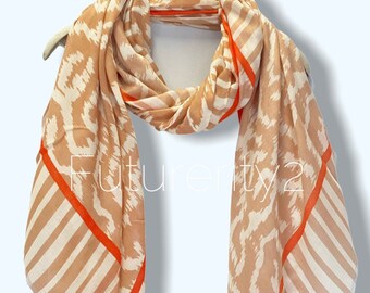 Ikat Pattern Light Brown Orange Trim Cotton Scarf/Summer Scarf/Scarves Women/Gifts For Mom/Gifts For Her/Birthday Christmas Gifts/UK Seller