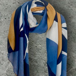 Geometric Print Cotton Scarf for Women in Shade of Blue,Yellow and White,All Season Shawl,Stylish Gift for Her Birthday,Wife or Mother