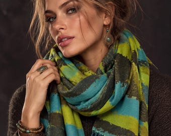 Lime Green Aqua Blue Brushed Abstract Winter Scarf, Reversible Warm Wrap, Ultra Soft Shawl for Women, Ideal Gifts for Her