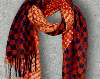 Burnt Orange Winter Scarf,Heritage Mosaic Wrap for Women,Ultra Soft Reversible Shawl,Warm Gift for Her