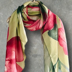 Huge Flower Print Women Scarf,Eco Cotton Shawl in Green,Red & Blush,Lightweight Wrap,Sustainable Gift for Her,Birthday or Christmas