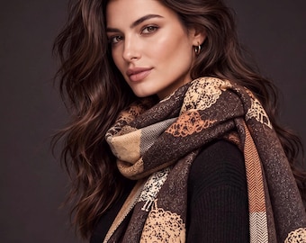 Brown Camel Checked Sheep Scarf, Reversible Winter Wrap, Country Animal Design, Neutral Warm Accessory, Ideal Gifts for Her