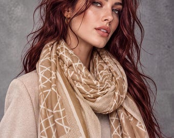 Camel Beige Abstract Scarf,Cream Geometric Pattern,Neutral Autumn Wrap,Women’s Bordered Shawl