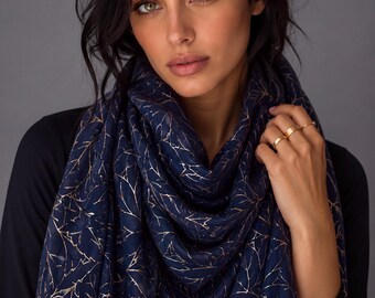 Navy Blue Cotton Scarf with Gold Leaf Vein Print,Lightweight Botanical Long Scarf,Elegant Metallic Gold Wrap,Womens Fashion Shawl Gift