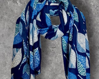 Ocean Blue Abstract Leaf Cotton Shawl for Women,Lightweight Long Fashion Wrap,Elegant Soft Scarf for Everyday Wear,Stylish Gift for Her