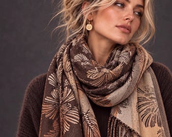 Reversible Brown Floral Winter Scarf, Camel Beige Botanical Wrap for Women, Ultra Soft Cozy Shawl, Warm Gifts for Her