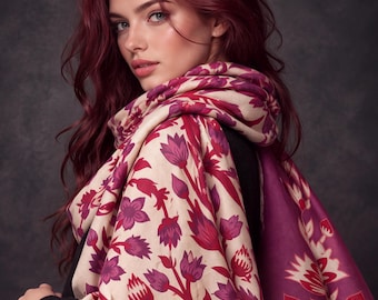 Cream and Burgundy Heritage Garden Floral Reversible Winter Scarf, Luxury Shawl for Women, Warm Gift for Her