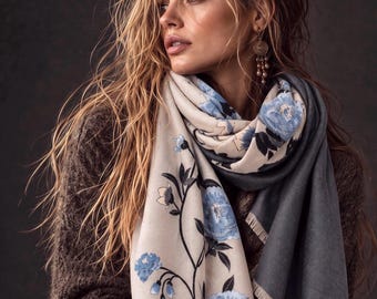 Ivory White & Charcoal Grey Floral Winter Scarf, Reversible Blue Peony Wrap, Cozy Shawl for Women, Elegant Gifts for Her