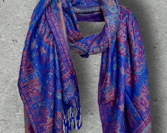 Royal Blue Paisley Autumn Winter Scarf, Cotton Viscose Blend Shawl for Women, Thoughtful Gifts for Her