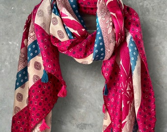 Bohemian Flowers Pattern with Tassels Fuchsia Pink Cotton Scarf/Summer Autumn Scarf/Scarf Women/Gifts For Mom,Her,Birthday and Christmas