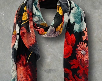 Vintage Peony Flowers Black Cotton Scarf/Spring Summer Autumn Scarf/Gifts For Her/Scarf Women/Gifts For Mom/Christmas Gifts/Birthday Gifts