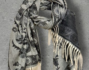Reversible Grey Winter Scarf, Ivory Floral Bohemian Shawl, Monochrome Ultra Soft Women Wrap, Warm Gift for Her