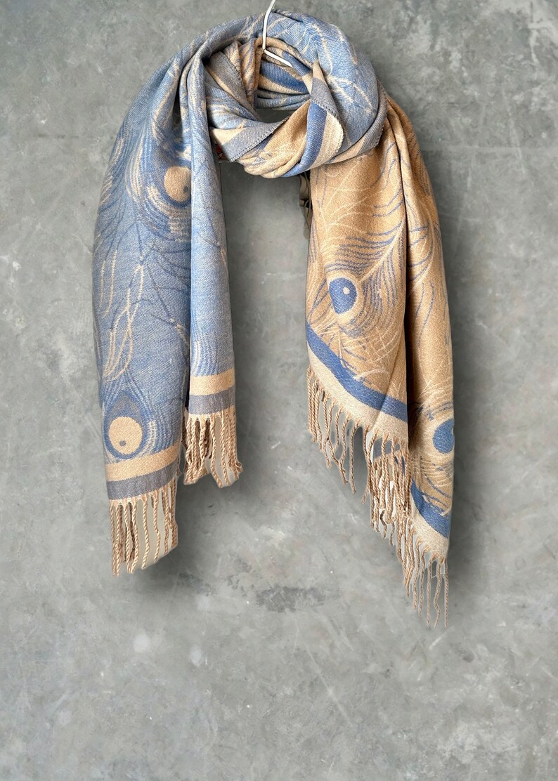 Cashmere Scarf in Light Blue and Beige with Feather Pattern,Winter Scarf,A Luxurious Gift for Mom,Her,Birthday and Christmas. image 3