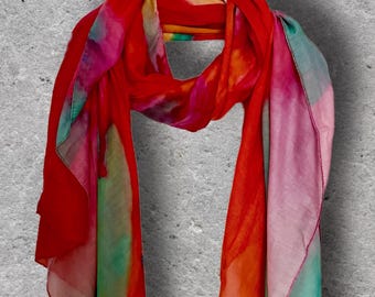 Bufanda de algodón roja con estampado abstracto de acuarela, chal ligero de verano, chal artístico estilo boho para mujer, regalo de moda suave para ella.