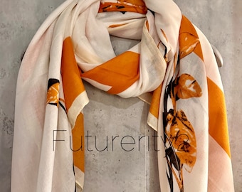 Rose Flower With Brown Trim Cotton Scarf/Spring Summer Scarf/Scarf Women/Gifts For Mom/Gifts For Her Birthday Christmas/UK Seller