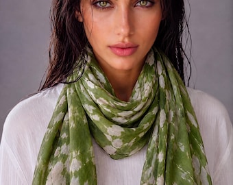 Apple Green White Tie Dye Cotton Scarf, Fresh Spring Summer Wrap,Sheer Botanical Abstract Shawl,Lightweight Boho Neckwear
