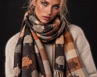 Black Charcoal Grey Sheep Winter Scarf, Reversible Warm Wrap, Cute Farm Animal Pattern Shawl, Cosy Seasonal Gifts for Her