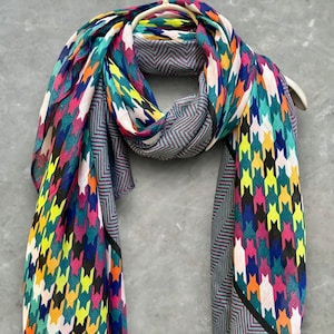 Eco Friendly Multicolour Houndstooth Pattern Cotton Blue Scarf/Summer Autumn Scarf/Gifts For Mom/Gift For Her Birthday Christmas/Scarf Women