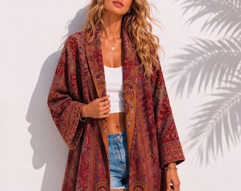 Paisley Cotton Long Kimono Jacket,Red Bohemian Duster Coat,Handmade Boho Cardigan,Oversized Cotton Festival Jacket,Womens Open Front Coat