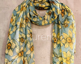 ECO Friendly Seamless Daffodil Flowers Organic Cotton Teal Blue Scarf/Spring Summer Autumn Scarf/Gifts For Mother/Birthday Christmas Gifts