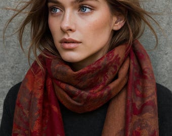 Burgund Kaschmir-Mischung Schal | Doppelseitiger Pfingstrosen-Blumenschal | Warmer Wende-Winter-Wrap | Elegantes Geschenk für Frauen