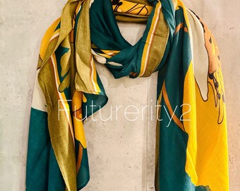 Large Sketched Peony Flower Organic Cotton Scarf in Green/Yellow,Eco-Friendly Accessory for all Season,Perfect Gift for Mother's Birthday.