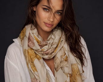 Beige Botanical Floral Cotton Scarf, Lightweight Summer Shawl with Tassels,Soft Boho Wrap for Women,Thoughtful Gift for Her