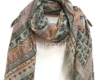 Bohemian Inspired Small Elephant Light Grey Scarf / Spring Summer Scarf / Gifts For Her / Women Scarves / Handmade Accessories